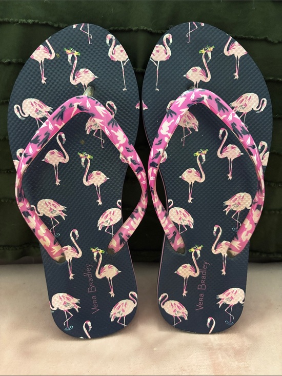 Vera Bradley Shoes - Vera Bradley Navy Flip Flops with Pink Flamingo Print
